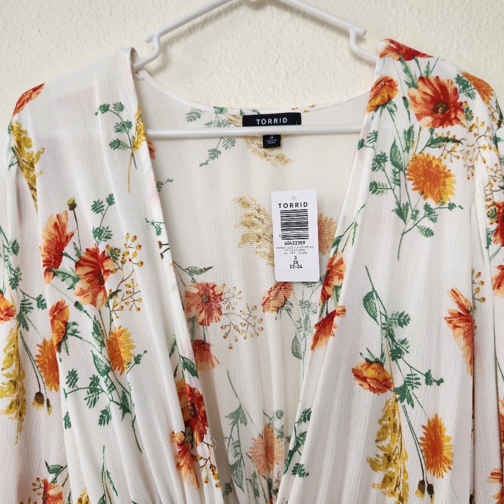 Torrid Floral Top White Orange Layering Swim Elastic Waist Open Tie Front 3X - Picture 4 of 9
